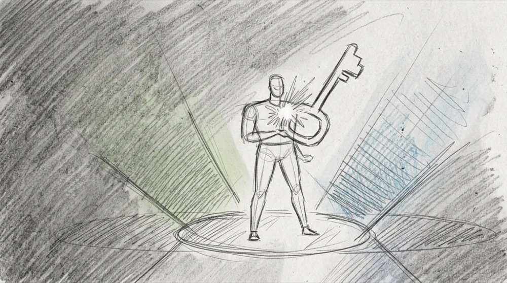 Hand-drawn sketch of a figure holding a glowing key