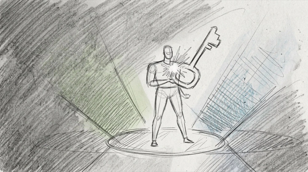 Hand-drawn sketch of a figure holding a glowing key