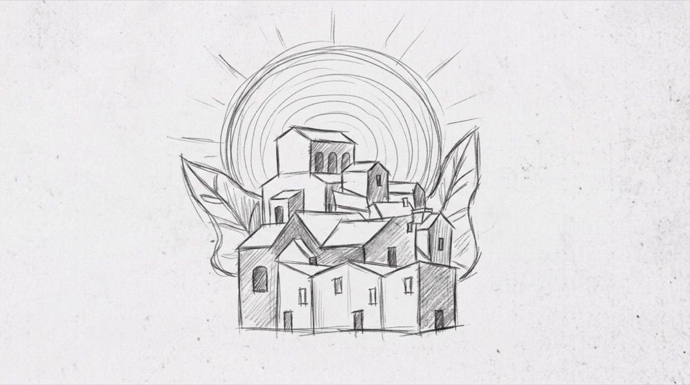 Hand-drawn sketch of a hilltop village