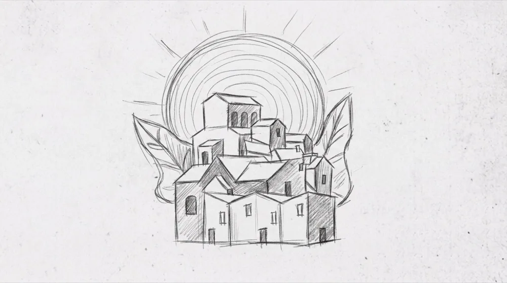 Hand-drawn sketch of a hilltop village