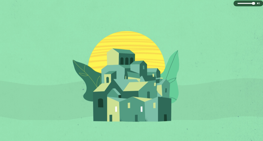 Illustration of a hilltop village at sunset