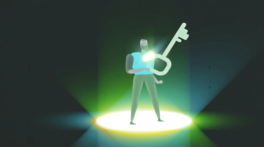 Illustration of a figure holding a glowing key on stage