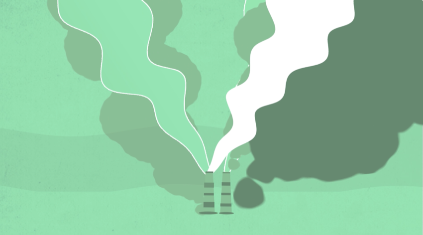 Illustration of a head silhouette with smokestacks and ecological crisis
