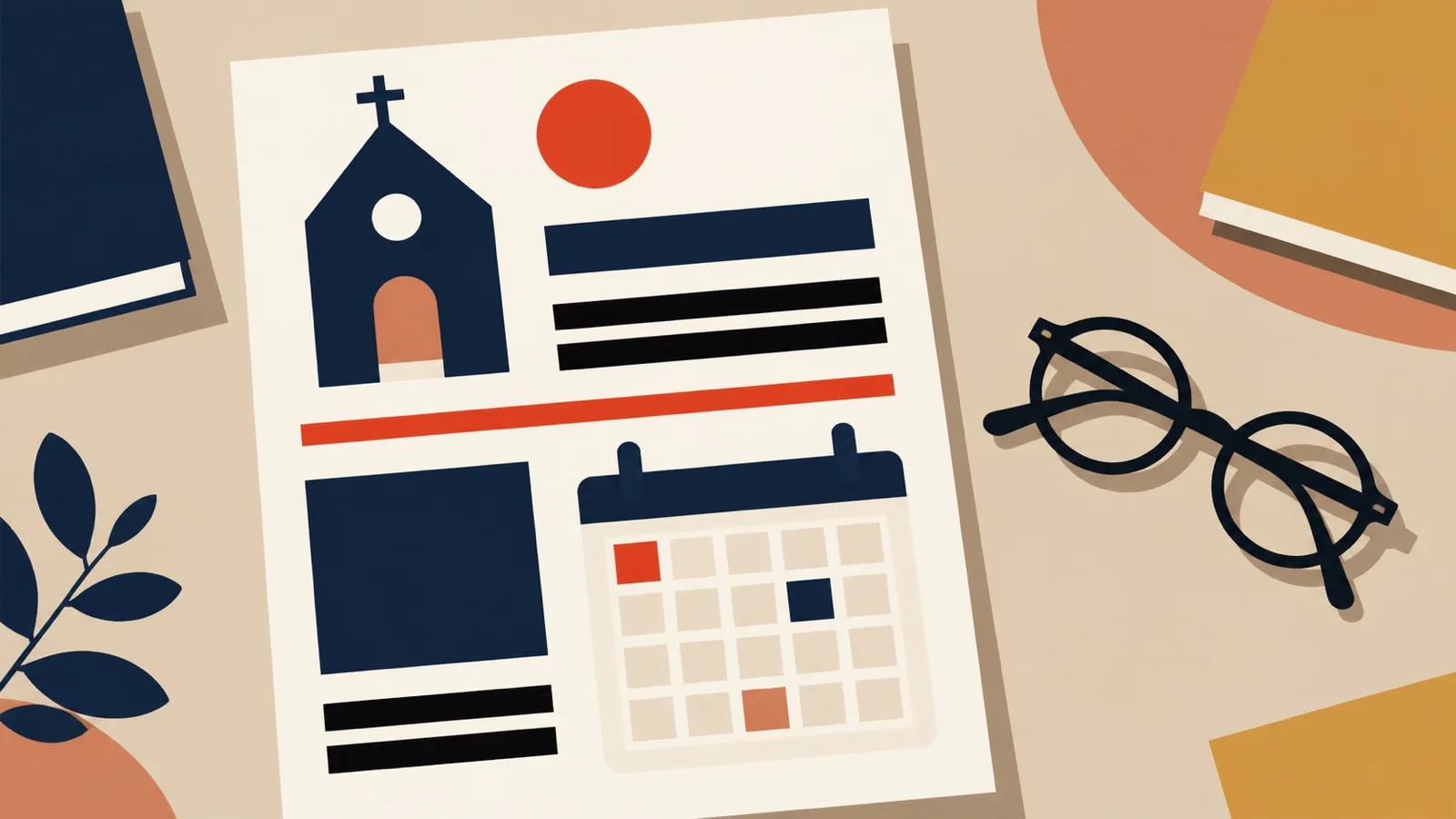 A geometric large-print parish notice with dark type, wide margins, and high-contrast color blocks
