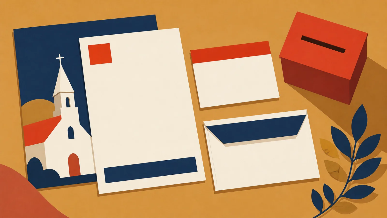 A geometric annual appeal letter, return envelope, donation card, and simple church silhouette on a desk