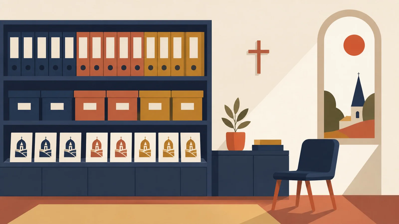 An empty geometric parish office with labeled identity files, an arch window, and a wall cross