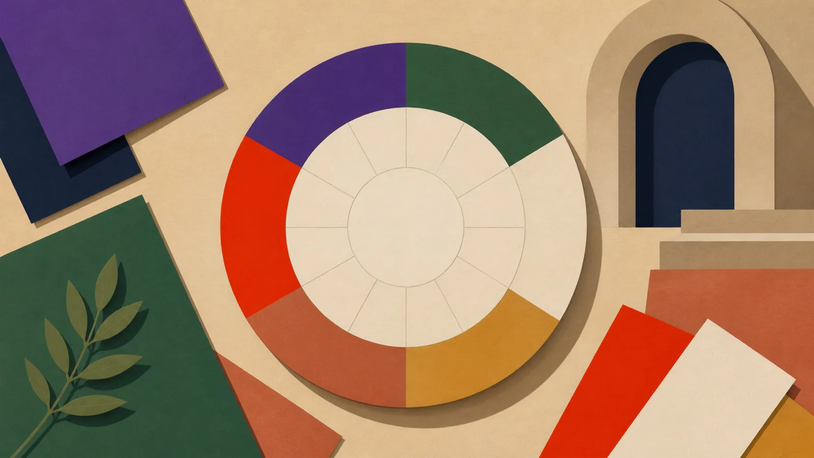 Geometric swatches in violet, green, red, white, ochre, and terracotta beside a paper liturgical calendar