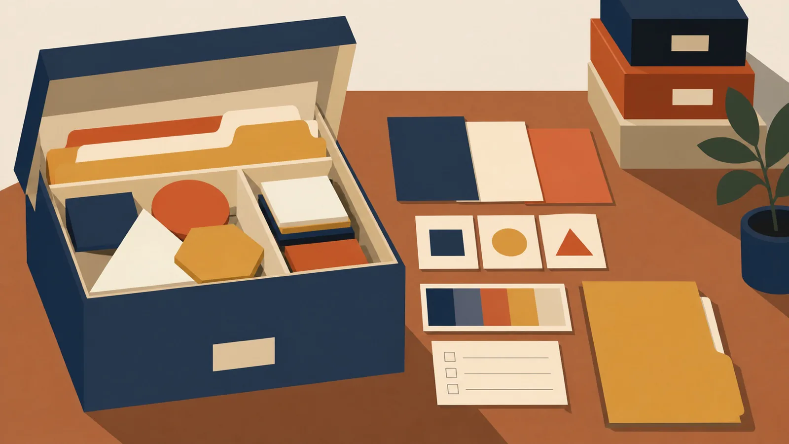 A geometric archive box with labeled design files, font cards, color swatches, and an open checklist
