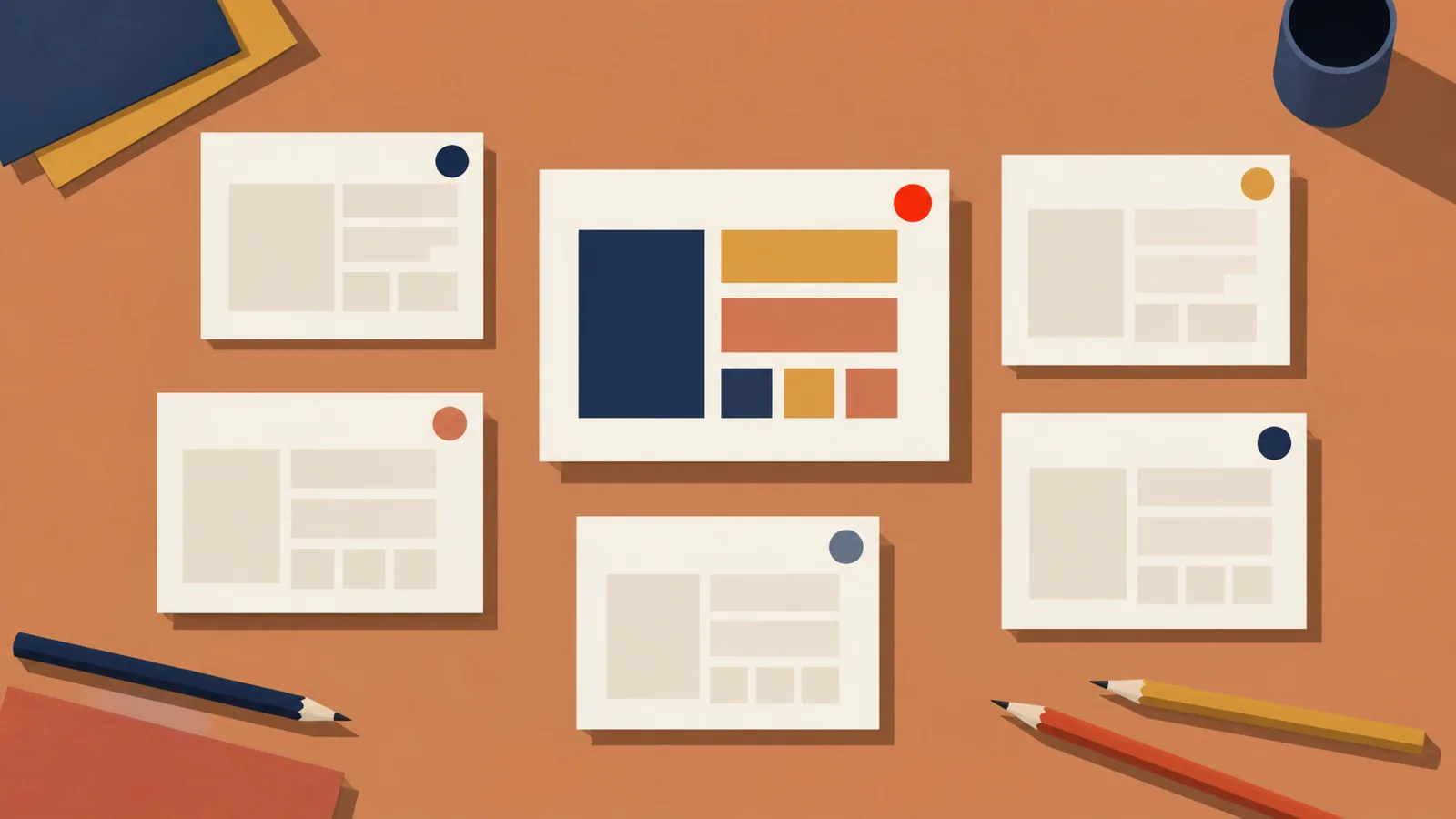 A geometric meeting table with five marked review sheets, pencils, and one central approved layout