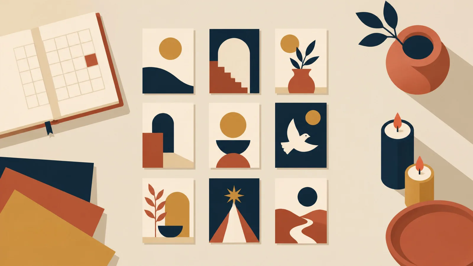 Nine geometric devotional cards arranged in a grid with an open calendar and simple candle shapes