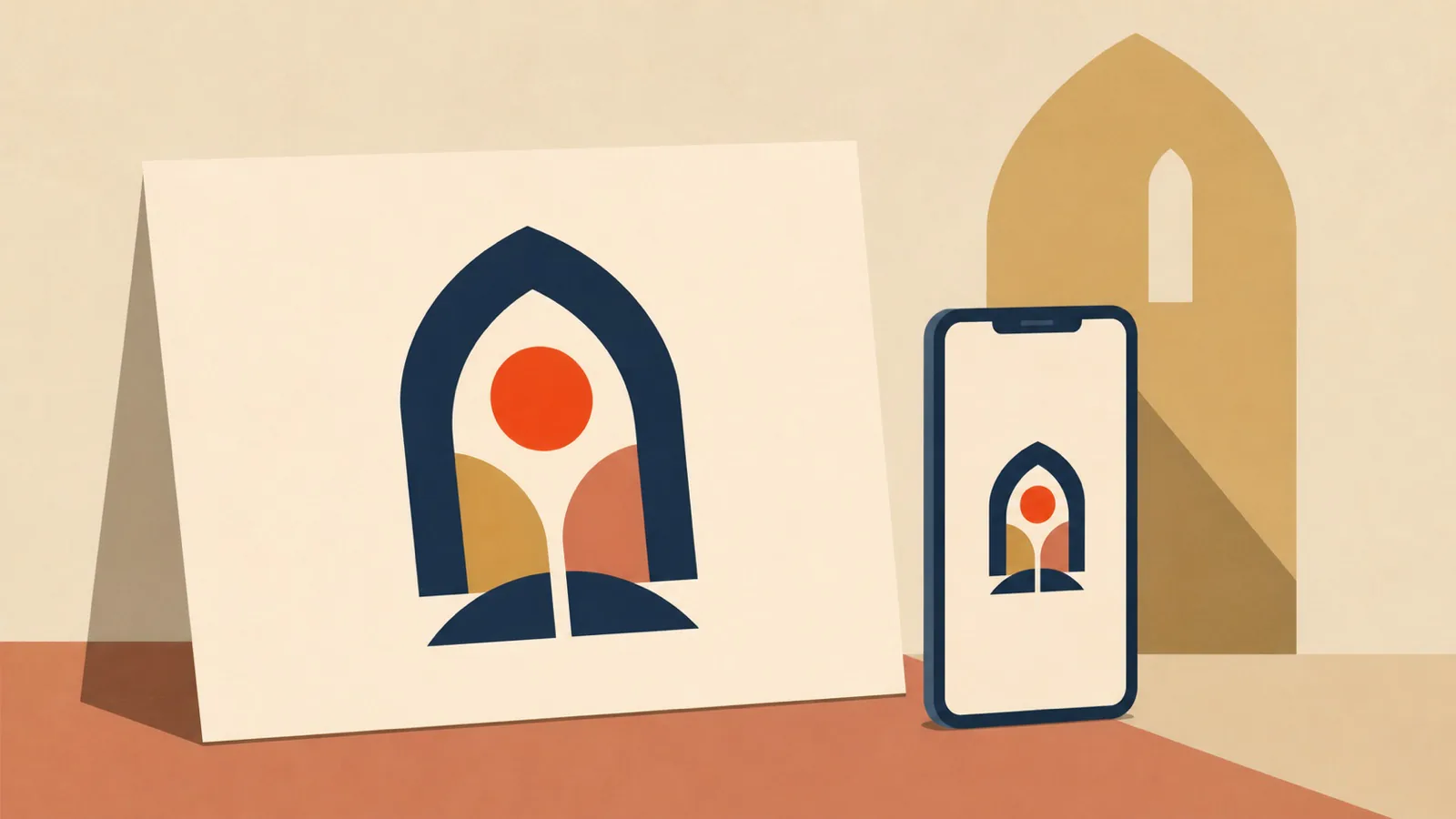 A geometric parish emblem shown large on paper and reduced on a small phone screen