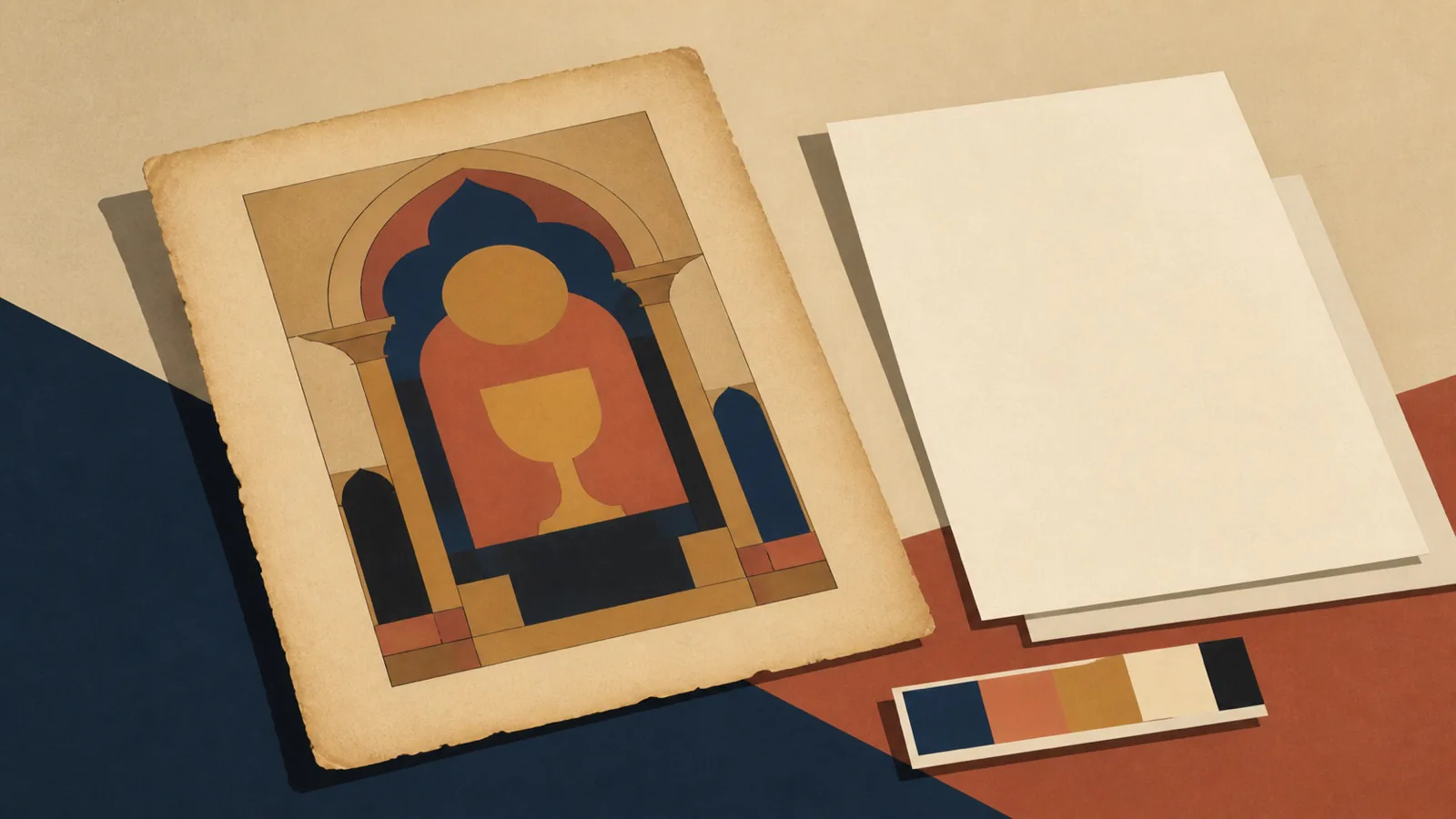 A geometric table with an old sacred-art print, fresh paper, and a small red color card