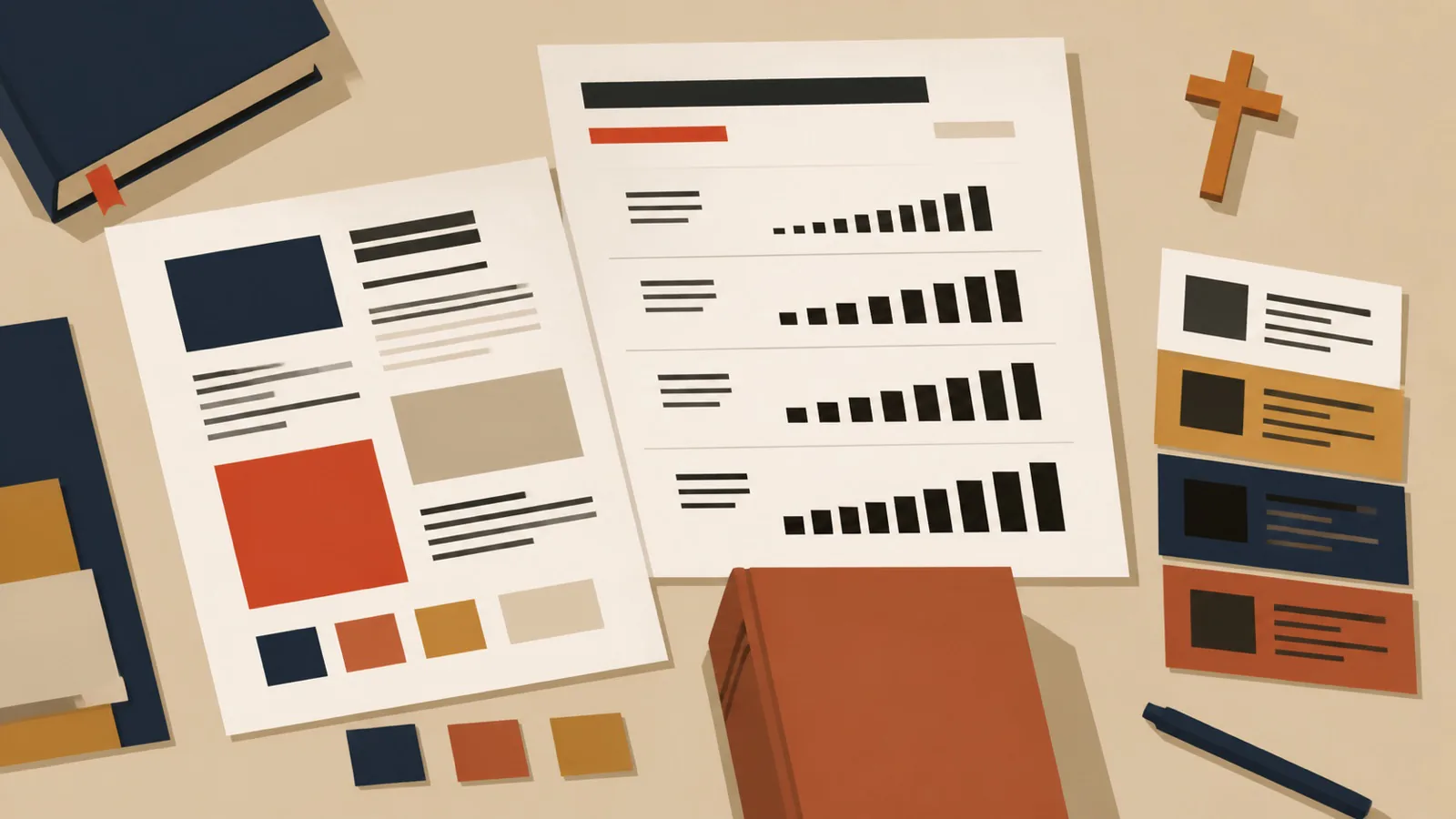 Geometric typographic specimen sheets with readable serif and sans serif letters beside a small cross