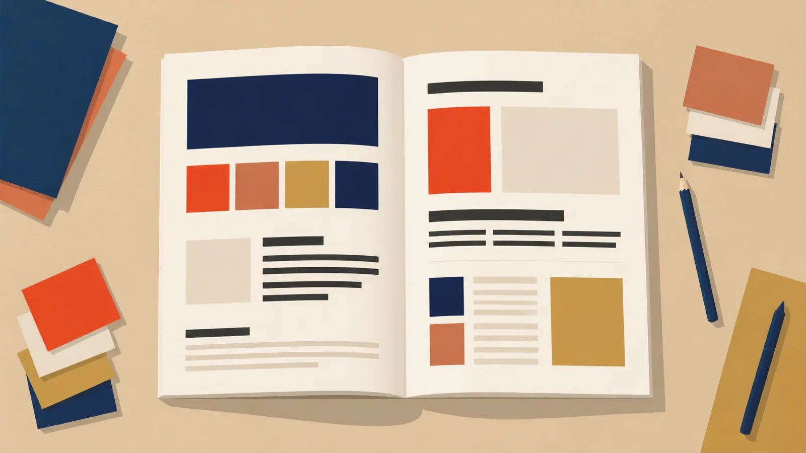 An open geometric brand manual with color cards, typography samples, and institutional stationery